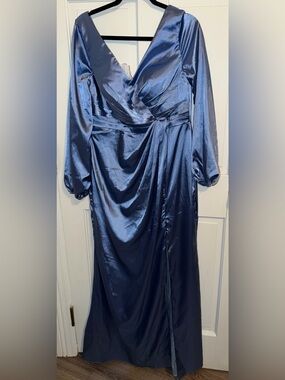 Satin V-Neck Long Sleeve Wrap Dress - Blue